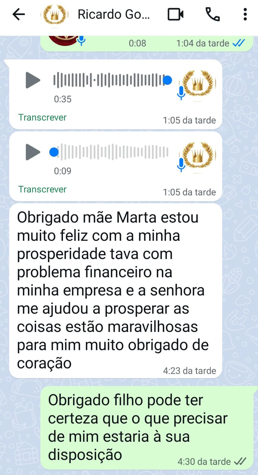 Mensagem de agradecimento de uma cliente à Mãe Marta.
