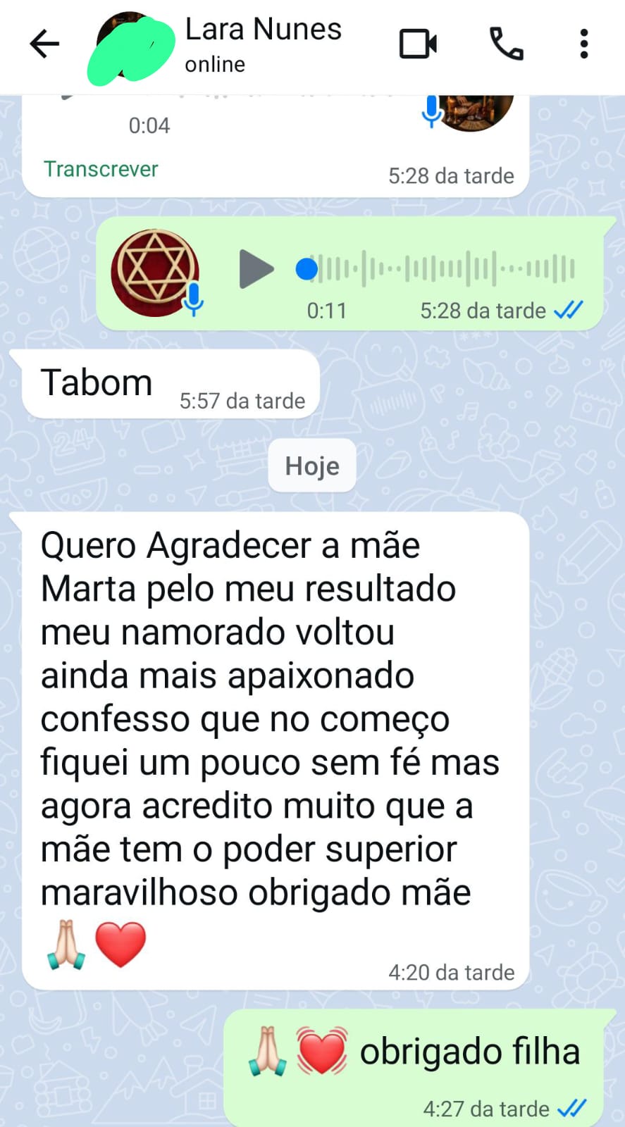 Mensagem de agradecimento de uma cliente à Mãe Marta.