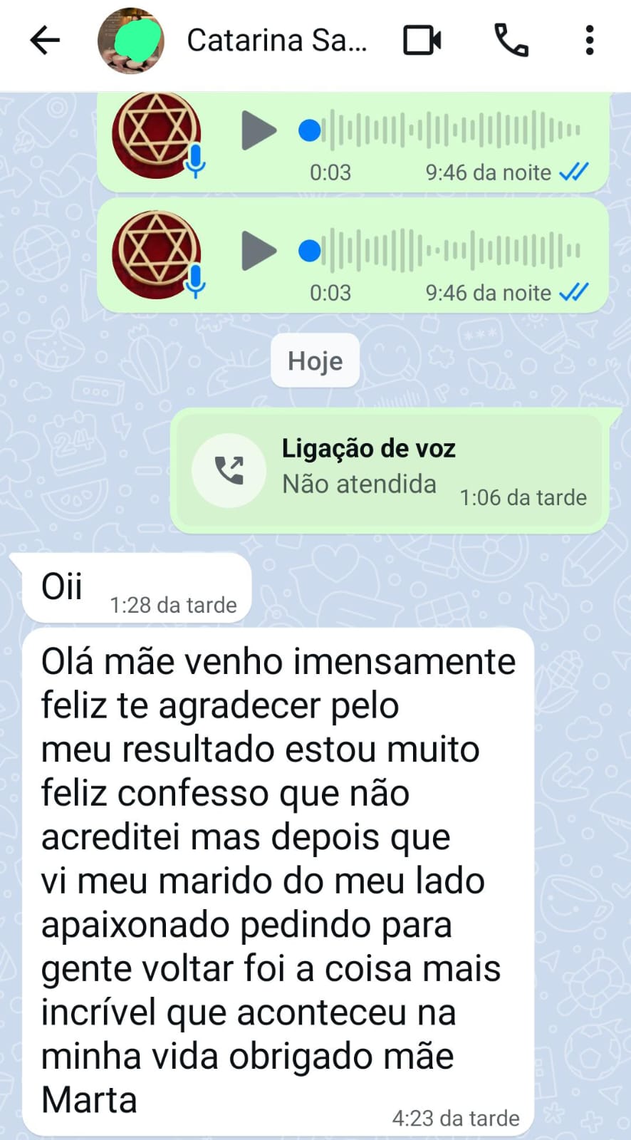Mensagem de agradecimento de uma cliente à Mãe Marta.