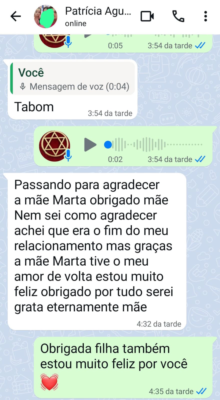 Mensagem de agradecimento de um cliente à Mãe Marta.